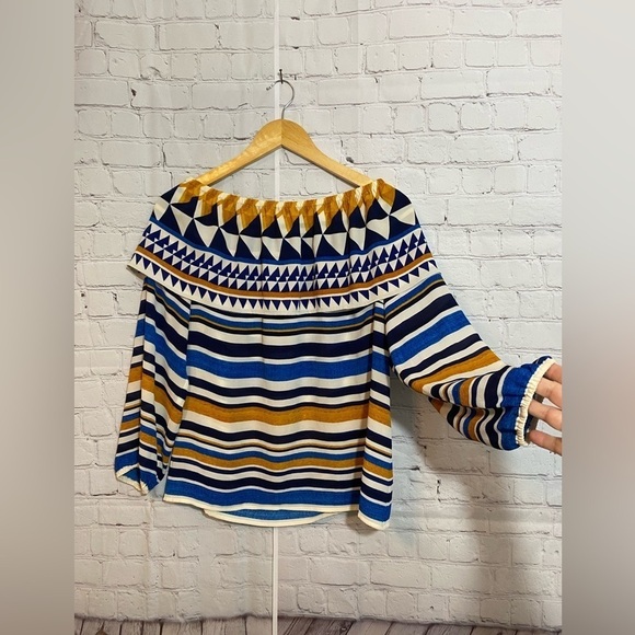 Chicos Off-The-Shoulder Top Womens Size 4 (XXL) Blue Yellow White Striped - Picture 5 of 9